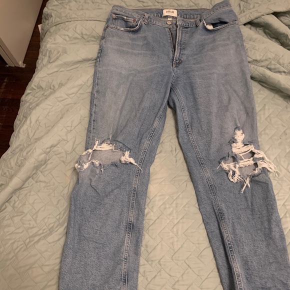 Agolde Denim - AGOLDE Light Wash Distressed Straight Leg Jeans